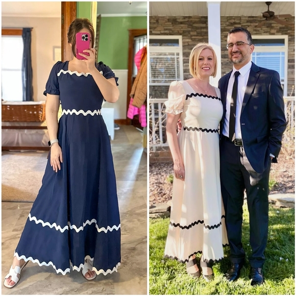 NWT BTFBM Black White Ric Rac Square Tie Smocked Tiered Puff Sleeve Maxi Dress L - Picture 7 of 15